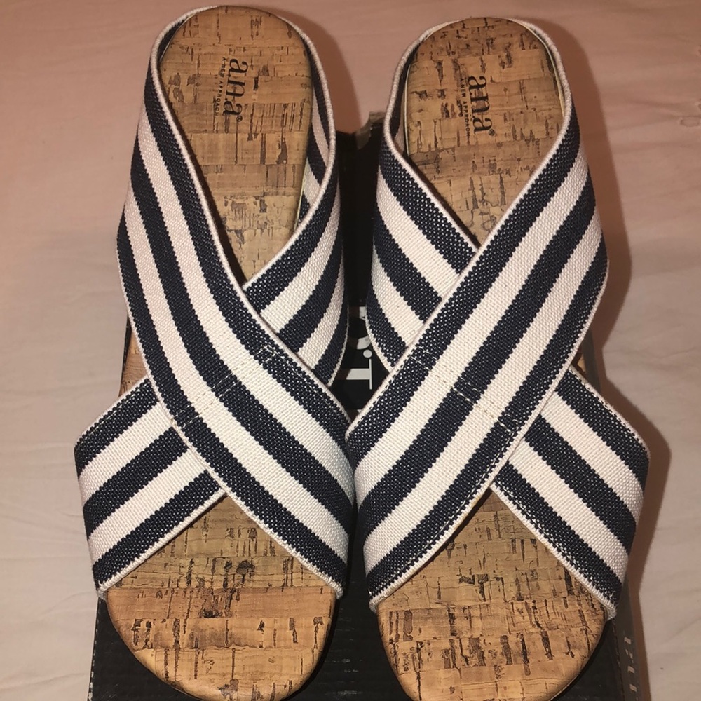 ANA Blue and White Stripe Wedge Sandals Size 11.